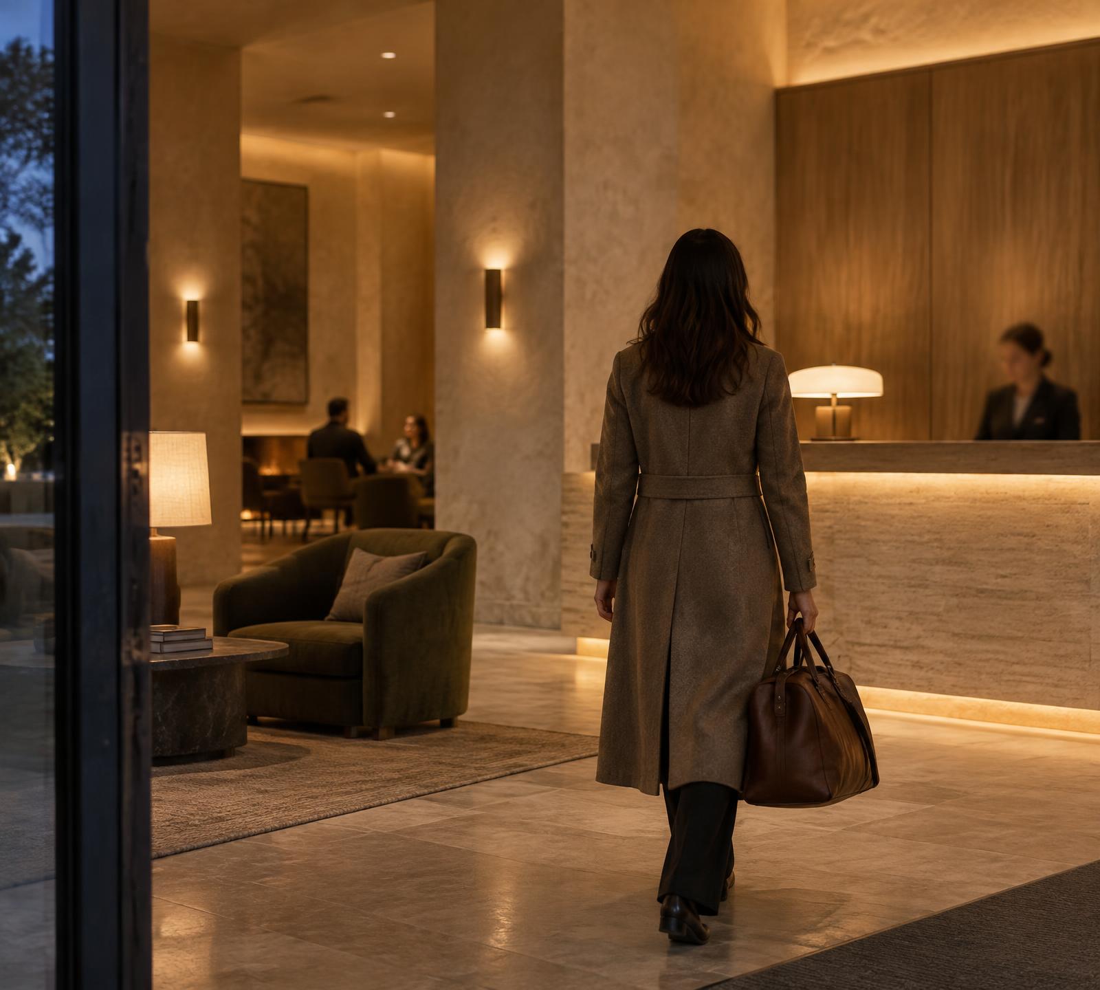 Ankunft in einem Boutique-Hotel in der Dämmerung: Gast mit Reisetasche auf dem Weg zur Rezeption, olivgrüner Sessel